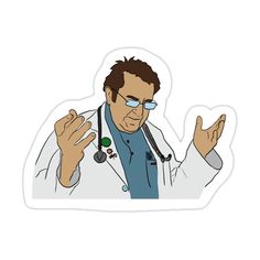 a cartoon character with glasses and a stethoscope in his hand, pointing at something