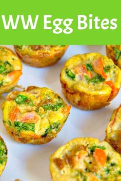 egg bites with carrots and spinach in them on a white plate text overlay reads ww egg bites