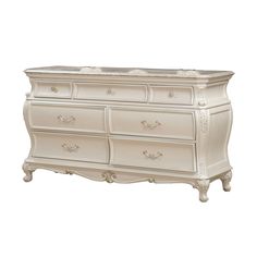 an antique white dresser with drawers and handles on it's sides, against a white background