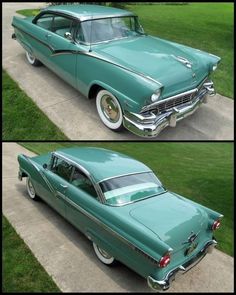 two pictures of an old green car parked on the side of the road with grass in the background