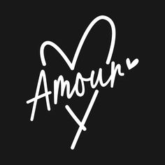 the word amour written in white ink on a black background with heart shaped letters