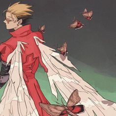 an anime character in a red dress with butterflies flying around