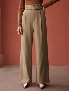 BELTED HIGH-WAIST SUIT PANTS Khaki    Woven Fabric Plain Wide Leg Non-Stretch All Women Clothing, size features are:Bust: ,Length: ,Sleeve Length: Dark Academia Pants, Women Suit Pants, Colour Combinations Fashion, Work Pants Women, 60 Fashion, Belted Pants, Suit Pants, Hot Outfits, Work Pants