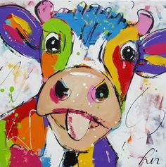 a painting of a cow with colorful paint splattered on it's face