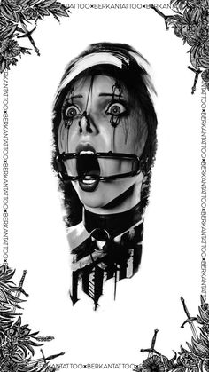 a black and white drawing of a woman wearing a mask with her face covered in barbed wire