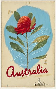 an advertisement for australia with a red flower in the center and green leaves around it