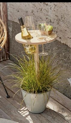 a table with two wine glasses and bottles on it next to a potted plant