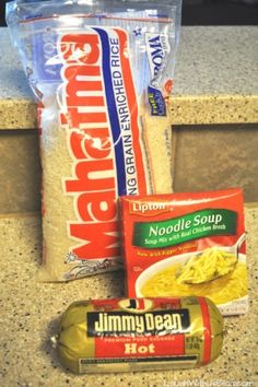 ingredients to make noodle soup laid out on a kitchen counter top, including noodles and seasoning