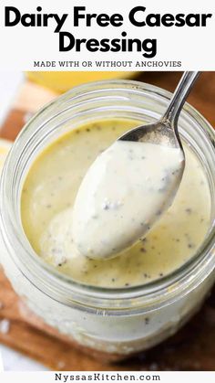 dairy free caesar dressing made with or without anchovies in a jar and spoon