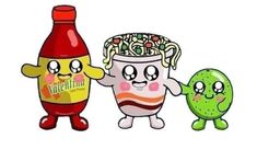 two cartoon characters are holding up a bottle and an egg with noodles on it, one is