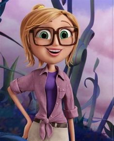 a cartoon girl with glasses and a purple shirt is standing in front of some plants