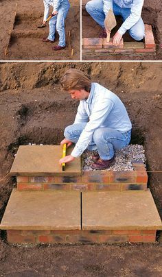 a man is placing bricks in the ground to build a garden step system for his home