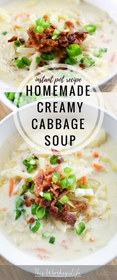 homemade creamy cabbage soup with bacon and green onions in two white bowls on a wooden table