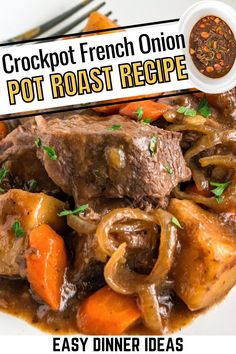 crockpot french onion pot roast recipe on a plate with carrots and onions