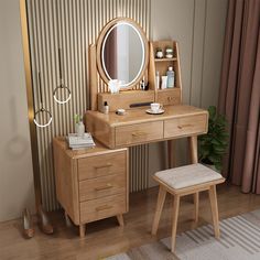 a wooden desk with a mirror and stool