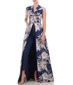 Maxi Jumpsuit, Jumpsuit Blue, Maxi Romper, Kay Unger, Pleated Bodice, Marine Blue, Stretch Crepe, Fashion Over 50, Fitted Skirt