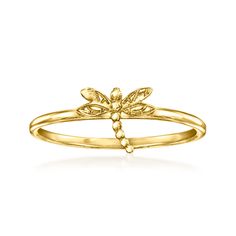 Ross-Simons - 10kt Yellow Gold Dragonfly Ring Size 7. Canaria fine jewelry. Perfect for everyday wear, these genuine 10kt gold wardrobe essentials are fashionable, fun and designed to last a lifetime. Strong and durable, our collection of gold classics is always a great value. This handcrafted 10kt yellow gold dragonfly ring is a simple style said to represent transformation and creative vision. Ideal for stacking! 1/4" wide. 10kt yellow gold dragonfly ring. Gold Wardrobe, Dragonfly Ring, Gold Piece, Real Gold, Rings Statement, Precious Metals, Simple Style, Wardrobe Essentials, Gold Rings