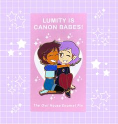 two cartoon characters hugging each other on a pink background with stars and the words luminy is canon babes