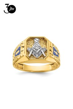 10K two-tone gold men's polished and textured blue lodge master Masonic ring with blue enamel and 0.1 cttw natural round diamonds. Band width measures approximately 1/8". Blue Lodge Masonic Rings, Masonic Ring, Gold Texture, 10k Gold, Round Diamonds, Two Tone, Diamonds, White Gold, Texture