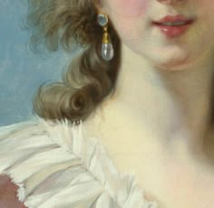 a painting of a woman with curly hair and earrings on her head, wearing a white dress