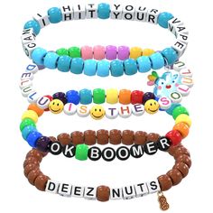 PRICES MAY VARY. FUN PHRASES: This pack has phrases that will spread laughs - funny memes, pickup lines for rave bae, explicit jokes, and more! You will get 15 of our 20 fun designs in this pack. MAKE MORE FRIENDS: More kandi means sharing more special moments, and making more friends! Bring extra and have the best festival experience! SAVE TIME & MONEY: Ever get frustrated looking for that last letter? Our packs will save you hours and are cheaper than purchasing a kit, beads, extra letter pack Funny Braclet Ideas, Funny Letter Bracelets, Beaded Bracelets Funny, Weird Bracelets, Funny Beaded Bracelets Words, Letter Bracelet Beads Ideas Funny, Rave Bracelets Ideas, Rave Candy Bracelets Ideas, Kandi Phrases