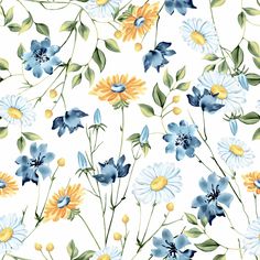 blue and yellow flowers with green leaves on a white background seamless wallpaper pattern