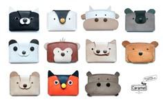 an assortment of cute animal shaped wallets