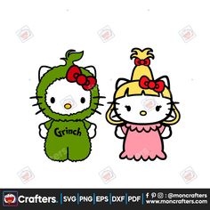 an image of hello kitty and grunch in the same outfit, one is wearing a