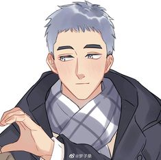 an anime character with grey hair and blue eyes, wearing a black jacket and scarf