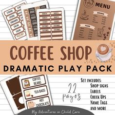 the coffee shop dramatic play pack includes stickers, labels and other items to use