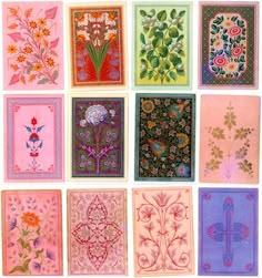 nine different designs and colors of handkerchiefs with flowers, leaves, and crosses on them