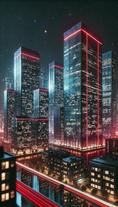 the city is lit up at night with red and blue lights in the skyscrapers