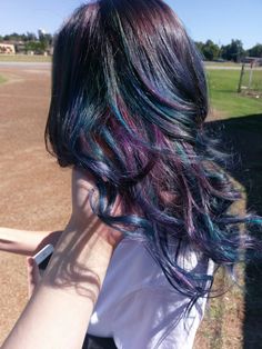 Blue Hair With Purple Streaks, Blue And Purple Hair With Bangs, Brown Purple Blue Hair, Blue And Pink Highlights In Brown Hair, Dark Blue And Purple Hair Highlights, Bubble Technique Hair Color, Purple Hair Blue Highlights, Midnight Blue And Purple Hair, Dark Blue And Dark Purple Hair