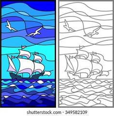 a stained glass window with an image of a sailing ship in the ocean and seagulls