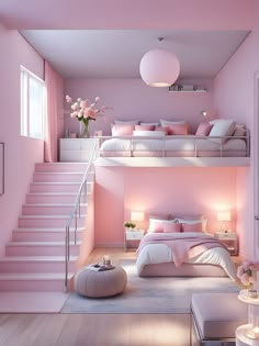 a bedroom with pink walls and two beds on top of each other, in front of stairs