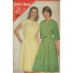 two women in dresses standing next to each other on a piece of paper with the words sew and sew