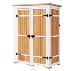 With its sturdy construction and weather-resistant finish, the outdoor cabinet provides reliable storage space for outdoor equipment and supplies, keeping them organized and protected, while also adding a tidy and aesthetically pleasing touch to any outdoor space.The cabinet is equipped with adjustable feet and high-quality brackets to reinforce a sturdy foundation for the product for uneven areas, as well as ensuring that they will not corrode or rust.The warm, earthy hues and the intricate wood grains give it a timeless look that will never go out of fashion. The clear instructions and pre-drilled holes make it simple to screw the cabinet together. Outdoor Wood Storage, Wood Storage Shed, Osb Board, Storage Shed Kits, Shed Garden, Wood Storage Sheds, Outdoor Cabinet, Roof Shapes, Wooden Storage Cabinet