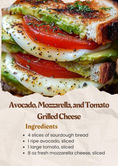 an advertisement for grilled cheese with tomato and cucumber on it, in spanish