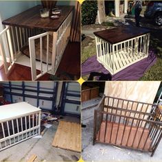 four different types of baby cribs in various stages of being assembled and painted