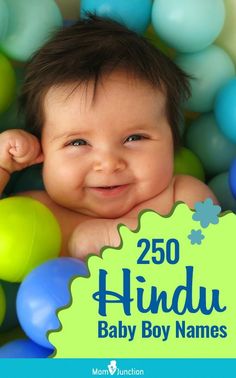 a baby boy smiling with balloons in the background and text overlay that reads, 250 hindu baby boy names