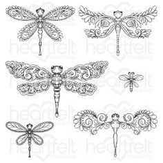 six dragonflys are shown in black and white, each with different designs on them