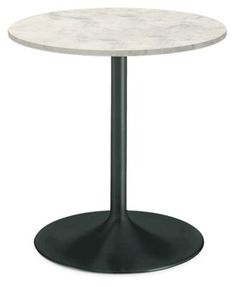 an image of a white marble table on a black metal base with a round top