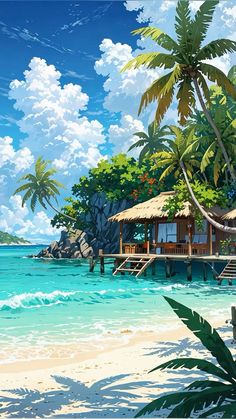 a painting of a tropical beach with palm trees and a hut on the water's edge