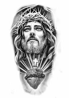 the face of jesus with a crown on his head and cross in front of him