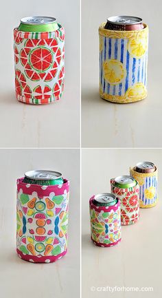 four different images of cans with designs on them