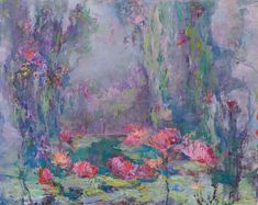 an oil painting of flowers and water lilies