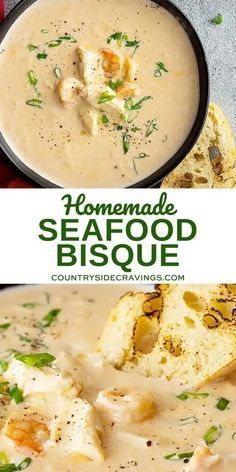 homemade seafood bisque with bread and garnishes