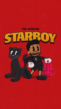 the weeknd starboy and black cat are standing next to each other in front of a red background