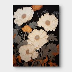 white flowers on black background with orange and gray leaves in the center, framed by metal frame