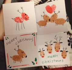 three handmade christmas cards with reindeers on them and the words merry christmas written in red